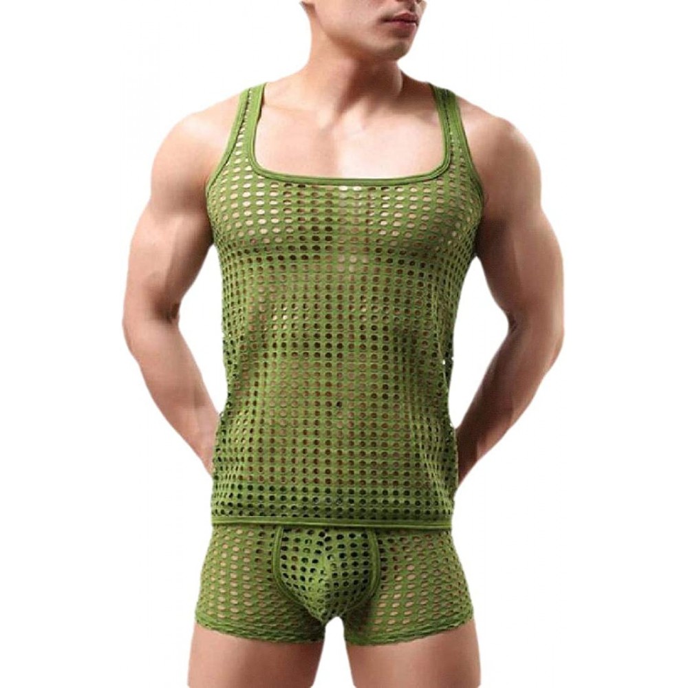 G-Strings & Thongs Men Summer Solid Color See Through Fishnet Tank Top + Short Lingerie Sets - Green - CC198MQQ5XK