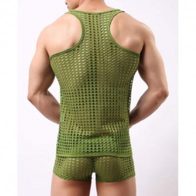 G-Strings & Thongs Men Summer Solid Color See Through Fishnet Tank Top + Short Lingerie Sets - Green - CC198MQQ5XK