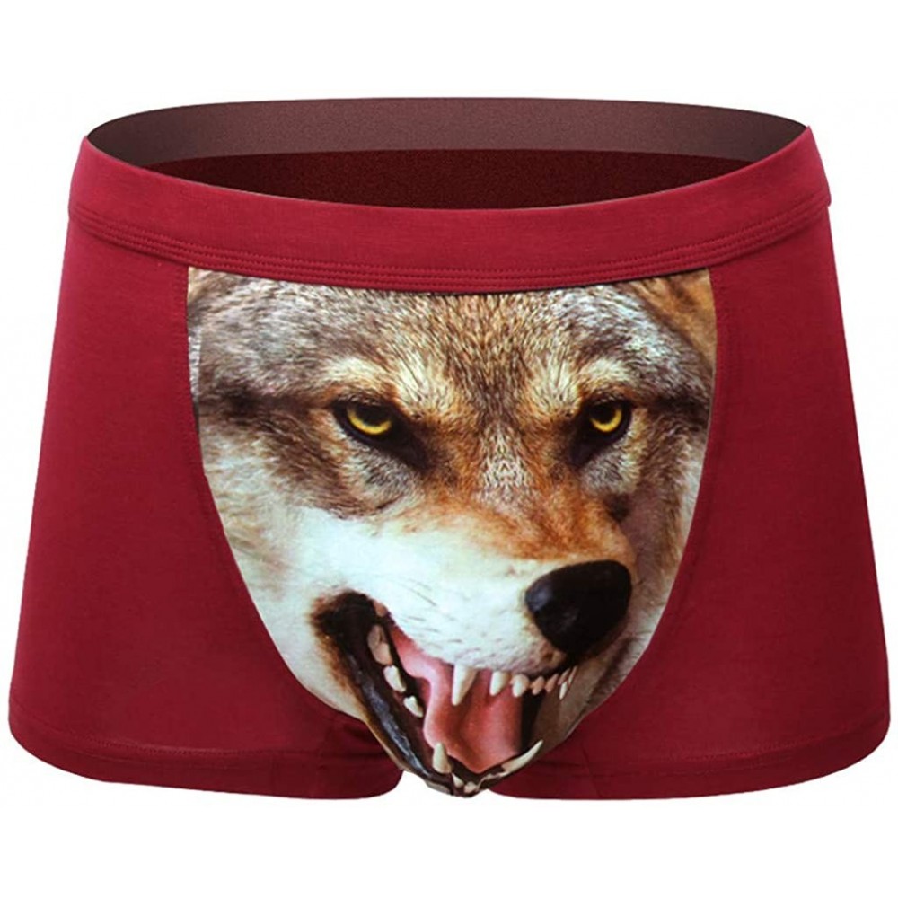 Boxer Briefs Fashion Men's Wolf Head 3D Print Mid Rise Cotton Boxer Briefs Underwear Mens Soft Breathable Underpants - Wine -...