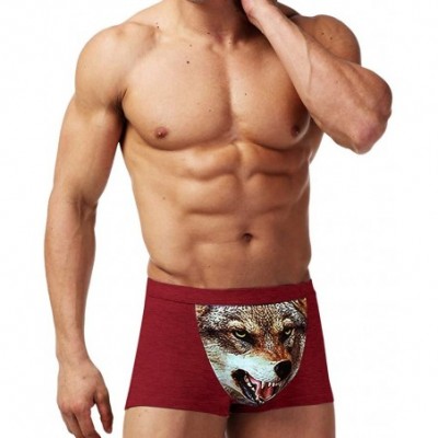 Boxer Briefs Fashion Men's Wolf Head 3D Print Mid Rise Cotton Boxer Briefs Underwear Mens Soft Breathable Underpants - Wine -...