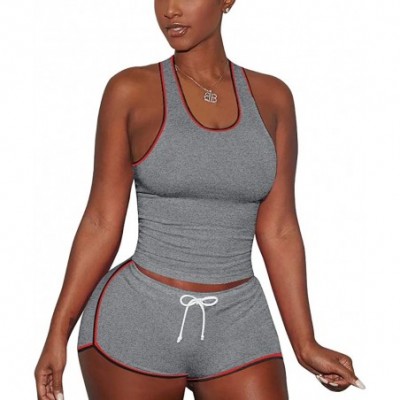 Sets 2 Piece Outfits for Women - Sexy Two Pc Sleeveless Tank Top + Biker Shorts Sets - Grey- Side Striped - CM19COY56DG