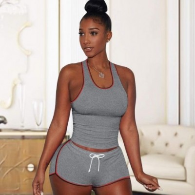 Sets 2 Piece Outfits for Women - Sexy Two Pc Sleeveless Tank Top + Biker Shorts Sets - Grey- Side Striped - CM19COY56DG