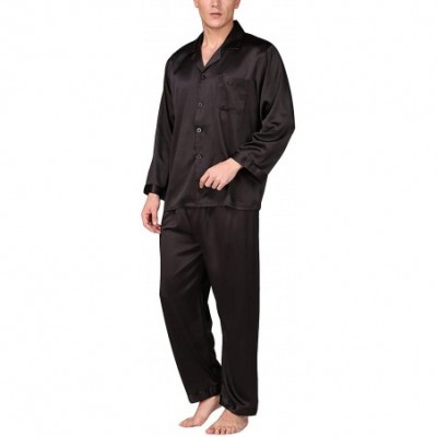 Sleep Sets Men's Satin Pajamas Set Silk Luxury 2 Piece Loungewear Long Sleeve Pocket Sleepwear - Black1 - CR18OL7UO4U