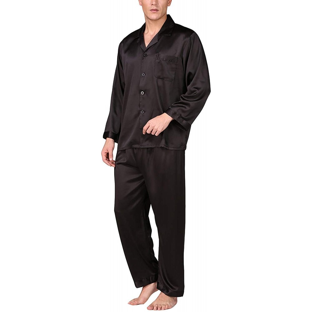 Sleep Sets Men's Satin Pajamas Set Silk Luxury 2 Piece Loungewear Long Sleeve Pocket Sleepwear - Black1 - CR18OL7UO4U