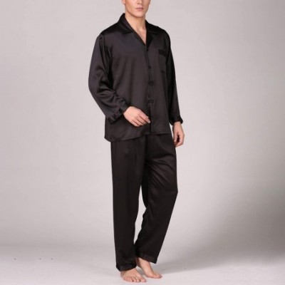 Sleep Sets Men's Satin Pajamas Set Silk Luxury 2 Piece Loungewear Long Sleeve Pocket Sleepwear - Black1 - CR18OL7UO4U