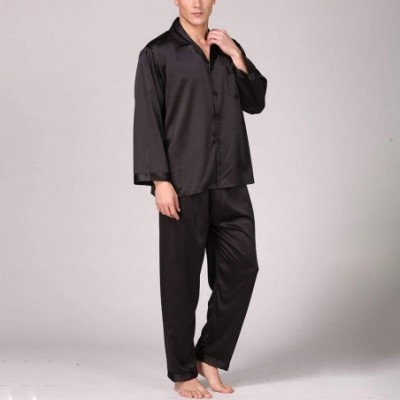 Sleep Sets Men's Satin Pajamas Set Silk Luxury 2 Piece Loungewear Long Sleeve Pocket Sleepwear - Black1 - CR18OL7UO4U