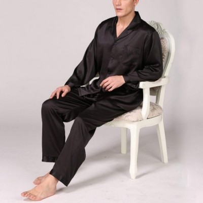 Sleep Sets Men's Satin Pajamas Set Silk Luxury 2 Piece Loungewear Long Sleeve Pocket Sleepwear - Black1 - CR18OL7UO4U