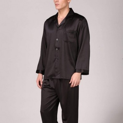 Sleep Sets Men's Satin Pajamas Set Silk Luxury 2 Piece Loungewear Long Sleeve Pocket Sleepwear - Black1 - CR18OL7UO4U