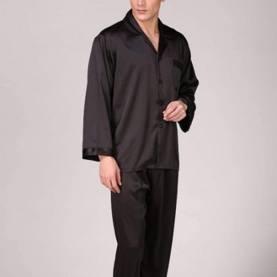 Sleep Sets Men's Satin Pajamas Set Silk Luxury 2 Piece Loungewear Long Sleeve Pocket Sleepwear - Black1 - CR18OL7UO4U