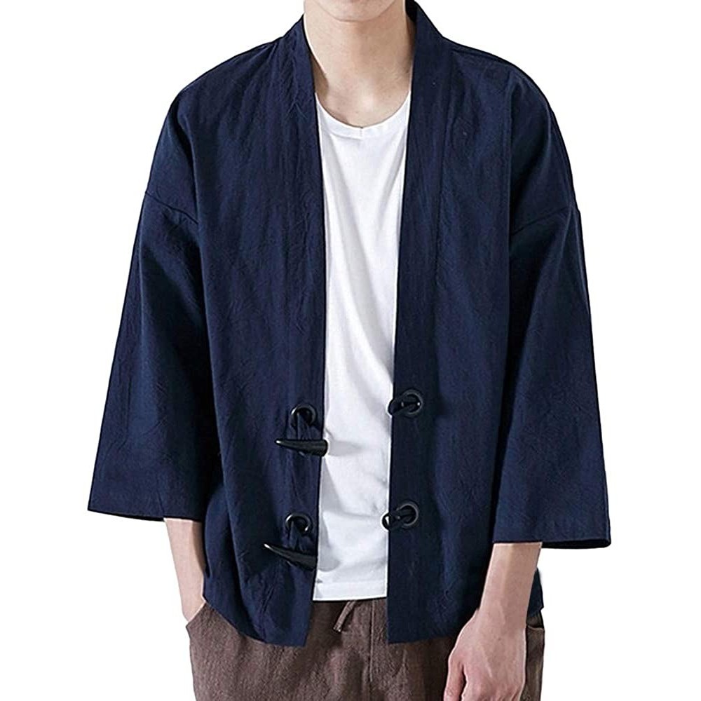 Robes Mens Kimono Cardigan- Men's Vintage Baggy Cotton Linen Solid Color Half Sleeve Retro T Shirts Tops and Blouse - Zz-navy...