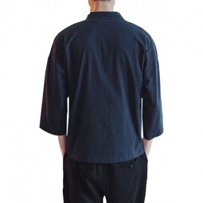 Robes Mens Kimono Cardigan- Men's Vintage Baggy Cotton Linen Solid Color Half Sleeve Retro T Shirts Tops and Blouse - Zz-navy...