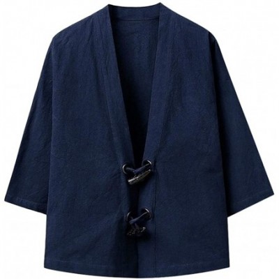 Robes Mens Kimono Cardigan- Men's Vintage Baggy Cotton Linen Solid Color Half Sleeve Retro T Shirts Tops and Blouse - Zz-navy...