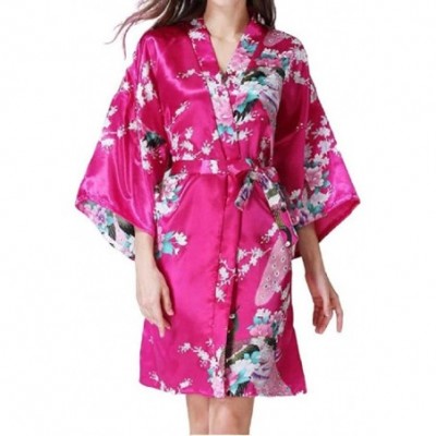 Tops Women's Kimono Floral Print with Belt Mid-Length Regular Fit PJ Sleepwear - Rose Red - CT19875ZG7O