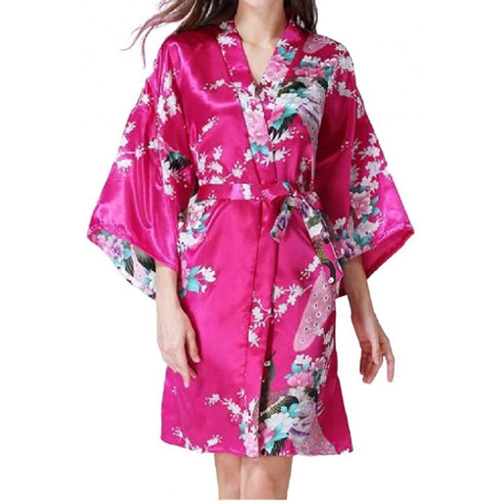 Tops Women's Kimono Floral Print with Belt Mid-Length Regular Fit PJ Sleepwear - Rose Red - CT19875ZG7O