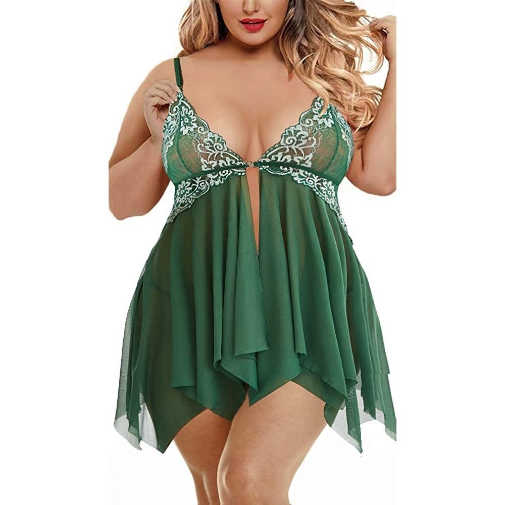 Baby Dolls & Chemises Plus Size Lingerie for Women Sleepwear Set Lace Babydoll Chemise XL-4XL - Deep Green - CP196SQ6E92