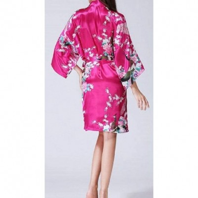 Tops Women's Kimono Floral Print with Belt Mid-Length Regular Fit PJ Sleepwear - Rose Red - CT19875ZG7O