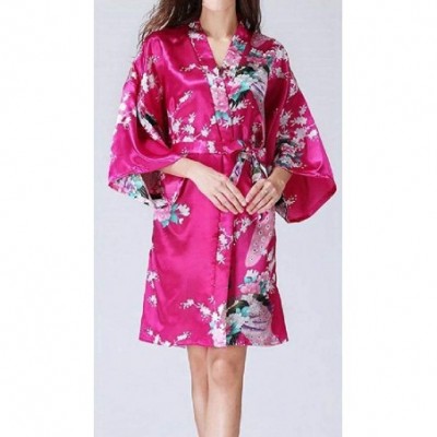 Tops Women's Kimono Floral Print with Belt Mid-Length Regular Fit PJ Sleepwear - Rose Red - CT19875ZG7O