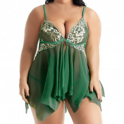 Baby Dolls & Chemises Plus Size Lingerie for Women Sleepwear Set Lace Babydoll Chemise XL-4XL - Deep Green - CP196SQ6E92