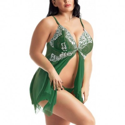 Baby Dolls & Chemises Plus Size Lingerie for Women Sleepwear Set Lace Babydoll Chemise XL-4XL - Deep Green - CP196SQ6E92