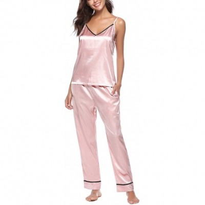 Sets Women's Satin Pajama Pants & top Set 2 Piece PJ Matching Top and Long Pants - Straps-pink - C418ENHLYGX