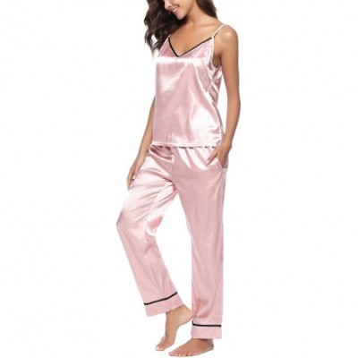 Sets Women's Satin Pajama Pants & top Set 2 Piece PJ Matching Top and Long Pants - Straps-pink - C418ENHLYGX