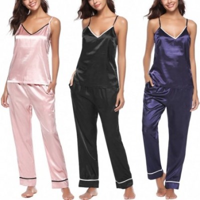 Sets Women's Satin Pajama Pants & top Set 2 Piece PJ Matching Top and Long Pants - Straps-pink - C418ENHLYGX