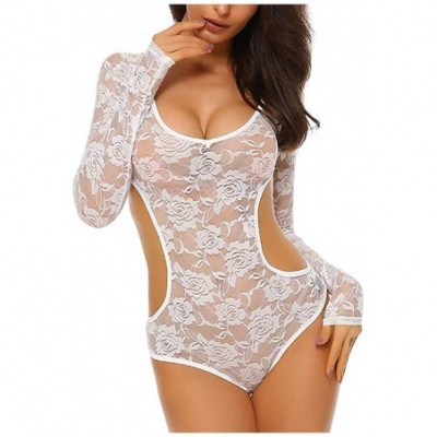 Baby Dolls & Chemises Women Lace Lingerie Sexy Long Sleeves U-Neck Embroidery Print One-Piece Passion Bodysuit Underwear Nigh...