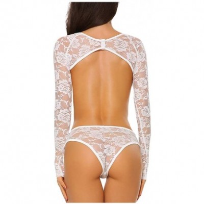 Baby Dolls & Chemises Women Lace Lingerie Sexy Long Sleeves U-Neck Embroidery Print One-Piece Passion Bodysuit Underwear Nigh...