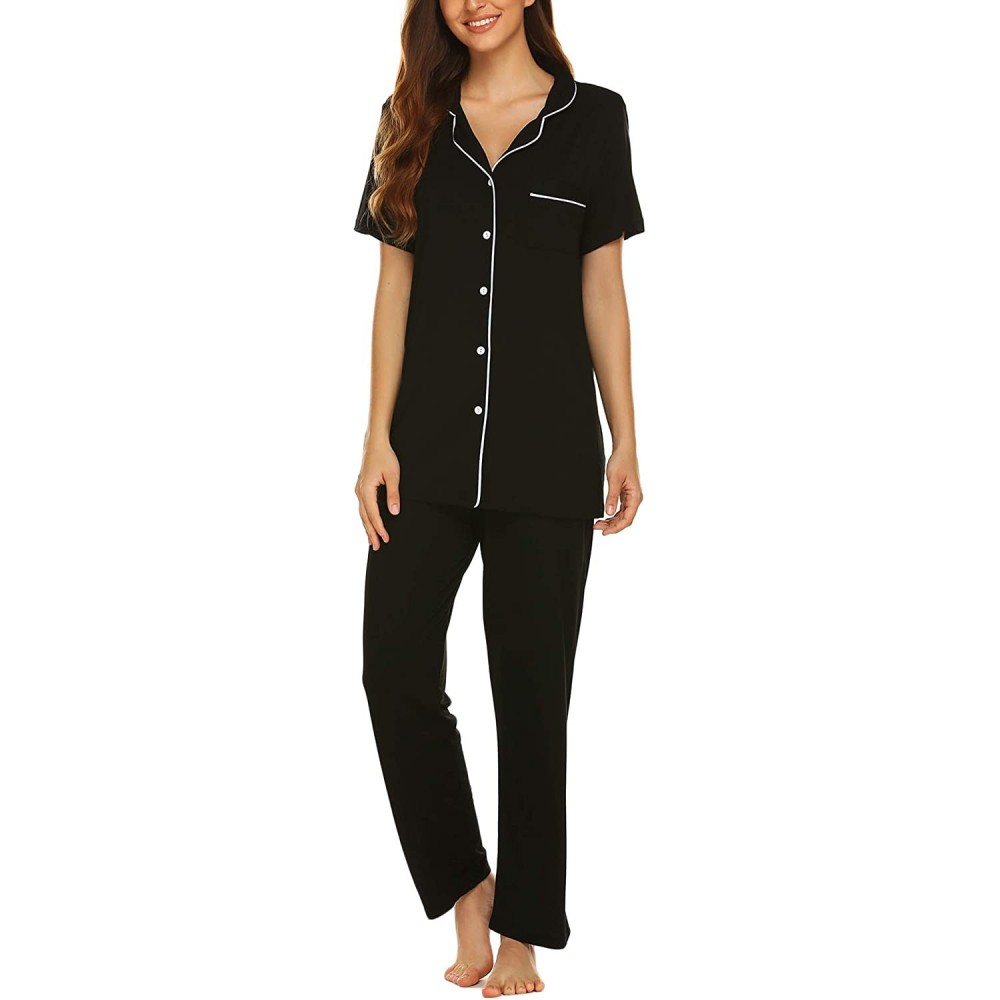 Sets Women Pajamas Set Notch Collar Soft Sleepwear Pjs Short Sleeve Button Down Nightwear with Long Pants - Black Pj - C912N1...