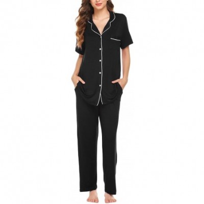 Sets Women Pajamas Set Notch Collar Soft Sleepwear Pjs Short Sleeve Button Down Nightwear with Long Pants - Black Pj - C912N1...