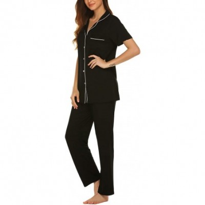 Sets Women Pajamas Set Notch Collar Soft Sleepwear Pjs Short Sleeve Button Down Nightwear with Long Pants - Black Pj - C912N1...