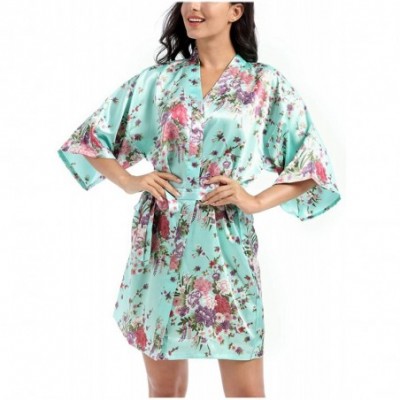 Robes Women Kimono Robe Stain Bathrobe Floral Half Sleeve Homewear with Belt - Green - C0197XKQOAS