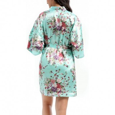 Robes Women Kimono Robe Stain Bathrobe Floral Half Sleeve Homewear with Belt - Green - C0197XKQOAS