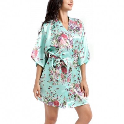 Robes Women Kimono Robe Stain Bathrobe Floral Half Sleeve Homewear with Belt - Green - C0197XKQOAS