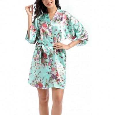 Robes Women Kimono Robe Stain Bathrobe Floral Half Sleeve Homewear with Belt - Green - C0197XKQOAS