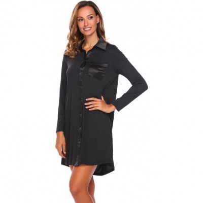 Nightgowns & Sleepshirts Women Boyfriend Nightshirt Long Sleeve Sleepshirt Button Down Sleep Dress Shirt With Pocket - Black ...