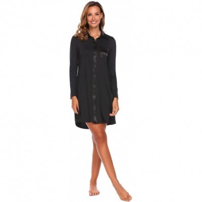 Nightgowns & Sleepshirts Women Boyfriend Nightshirt Long Sleeve Sleepshirt Button Down Sleep Dress Shirt With Pocket - Black ...