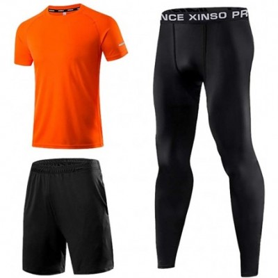 Shapewear 3PC Men's Summer Fitness Suit Pure Color Short Sleeve Shorts Long Pants Sports Sets - A Orange - CD197IC0C2U