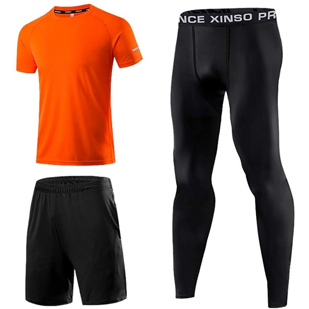 Shapewear 3PC Men's Summer Fitness Suit Pure Color Short Sleeve Shorts Long Pants Sports Sets - A Orange - CD197IC0C2U