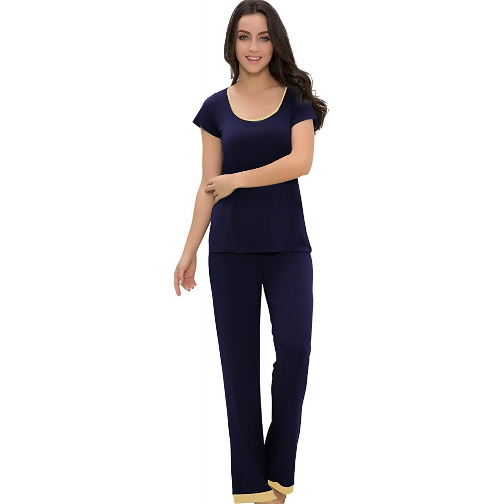 Sets Women's Sleepwear Scoop Neck Short Sleeve Pajama Set with Pants - Navy - C1186S8K3MY