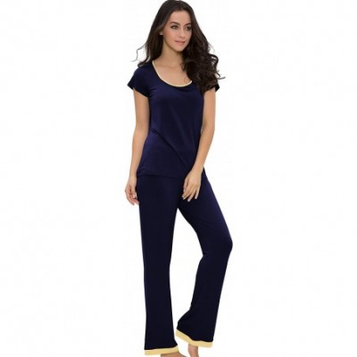 Sets Women's Sleepwear Scoop Neck Short Sleeve Pajama Set with Pants - Navy - C1186S8K3MY