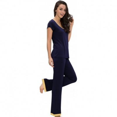 Sets Women's Sleepwear Scoop Neck Short Sleeve Pajama Set with Pants - Navy - C1186S8K3MY