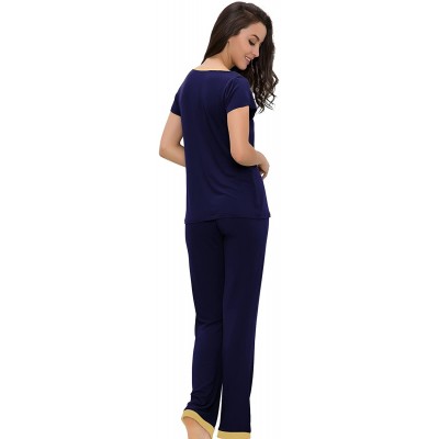 Sets Women's Sleepwear Scoop Neck Short Sleeve Pajama Set with Pants - Navy - C1186S8K3MY