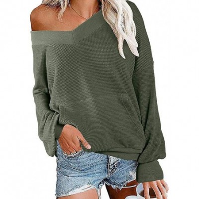 Thermal Underwear Off The Shoulder Tops for Women V Neck Long Sleeve Waffle Knit Top Pullover Sweater - Green - CG196LAYTU4