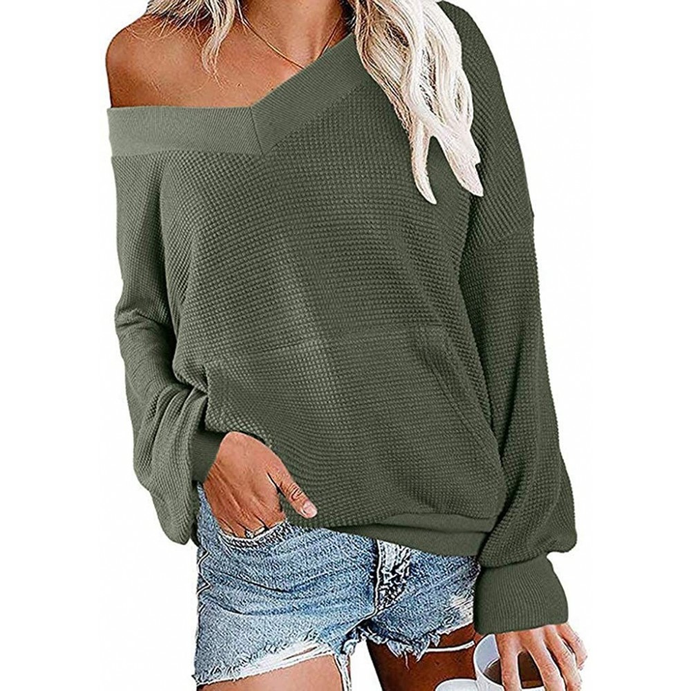 Thermal Underwear Off The Shoulder Tops for Women V Neck Long Sleeve Waffle Knit Top Pullover Sweater - Green - CG196LAYTU4