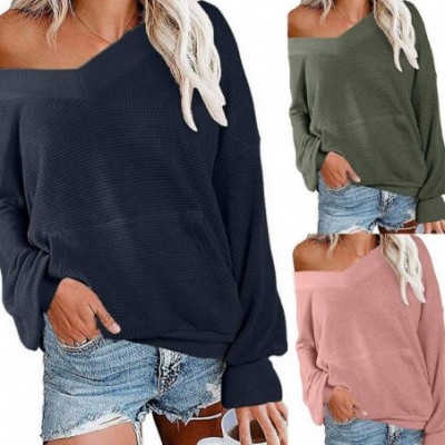 Thermal Underwear Off The Shoulder Tops for Women V Neck Long Sleeve Waffle Knit Top Pullover Sweater - Green - CG196LAYTU4