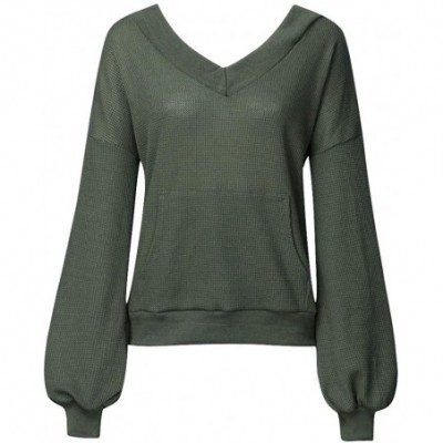 Thermal Underwear Off The Shoulder Tops for Women V Neck Long Sleeve Waffle Knit Top Pullover Sweater - Green - CG196LAYTU4