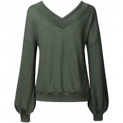 Thermal Underwear Off The Shoulder Tops for Women V Neck Long Sleeve Waffle Knit Top Pullover Sweater - Green - CG196LAYTU4