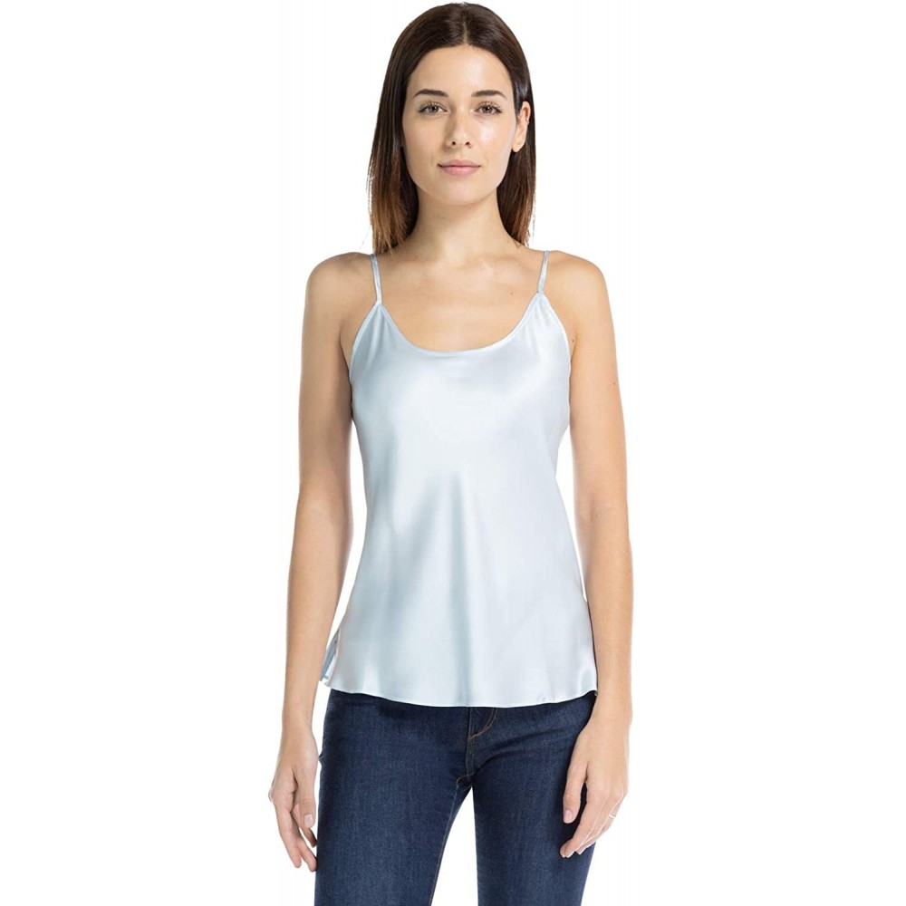 Tops Women's 100% Pure Mulberry Silk Camisole with Adjustable Straps - Improved FIT - Light Blue - C512K56L441