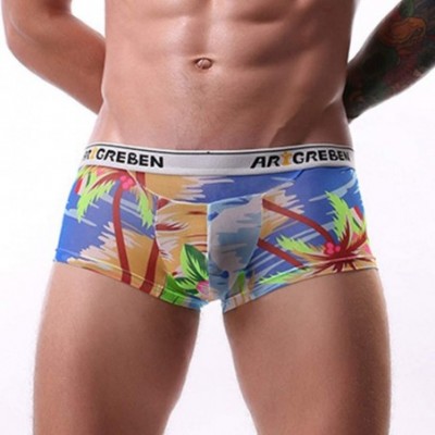 Boxer Briefs Men's Briefs-Patchwork Beach Pants Print Boxer Briefs Shorts Bulge Pouch Underpants - Blue - CR193IEUCSL